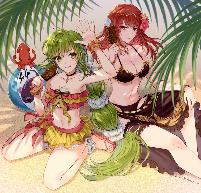 2girls amazio_komeko breasts choker cleavage cordelia_(saga) feet feet_out_of_frame flower food green_eyes green_hair hair_flower hair_ornament highres ice_cream jewelry long_hair looking_at_viewer multiple_girls navel necklace red_hair romancing_saga_re;universe saga saga_frontier_2 smile swimsuit virginia_knights