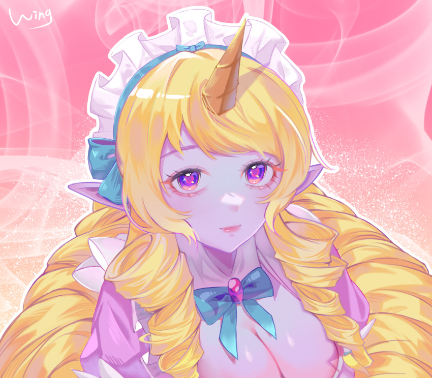 1girl bangs blonde_hair bow bowtie braid breasts cafe_cuties_soraka cleavage closed_mouth colored_skin dress gem green_bow green_bowtie hair_bow highres horns large_breasts league_of_legends long_hair maid_headdress pink_dress pink_eyes pink_skin pointy_ears puffy_short_sleeves puffy_sleeves shiny shiny_skin short_sleeves single_horn smile solo soraka_(league_of_legends) twin_braids twintails upper_body wing_(39_miku831)