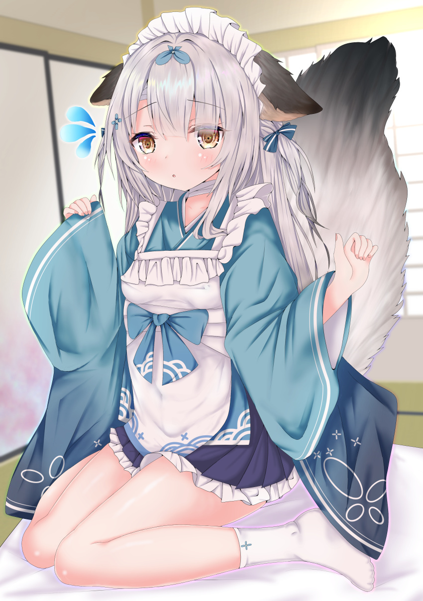 1girl absurdres animal_ears azur_lane blush breasts collarbone commentary_request futon grey_hair highres looking_at_viewer maid_headdress miyuki_(azur_lane) miyuki_(shopping_rendezvous)_(azur_lane) official_alternate_costume small_breasts solo tail thighs wa_maid yanmaa_(yanmar195) yellow_eyes