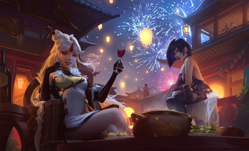 2girls alcohol architecture bare_shoulders commentary crossed_legs cup drinking_glass east_asian_architecture english_commentary fireworks food genshin_impact highres lantern long_hair looking_at_viewer multiple_girls night ningguang_(genshin_impact) raikoart sitting wine wine_glass yelan_(genshin_impact)