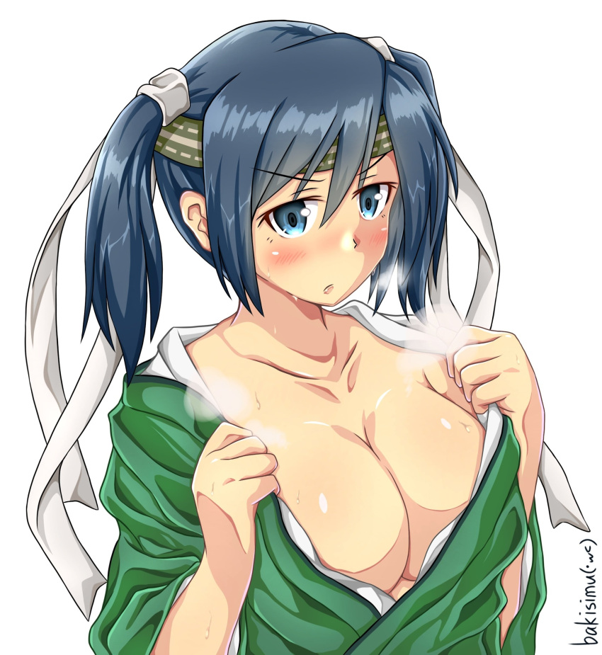 1girl blue_eyes blue_hair blush breasts cleavage collarbone from_side green_kimono hachimaki headband highres japanese_clothes kantai_collection kimono koutetunamekuji large_breasts simple_background solo souryuu_(kancolle) souryuu_kai_ni_(kancolle) twintails twitter_username undressing upper_body white_background