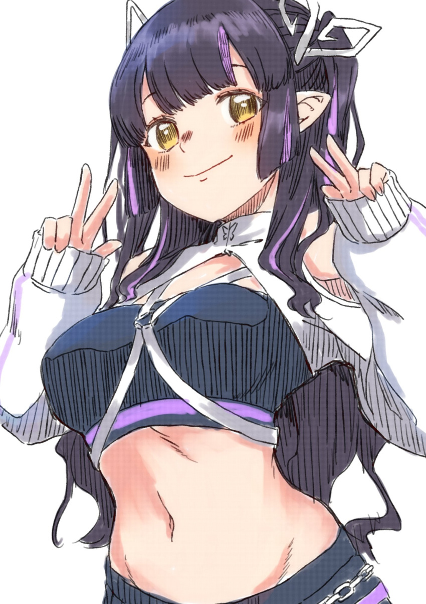1girl bangs black_hair black_skirt black_tube_top blunt_bangs blush breasts closed_mouth clothing_cutout demon_girl demon_horns double_w highres horns islandz jacket kojo_anna long_hair looking_at_viewer medium_breasts midriff multicolored_hair navel official_alternate_costume pointy_ears purple_hair shoulder_cutout shrug_(clothing) simple_background skirt sleeves_past_wrists smile solo strapless sugar_lyric tube_top twintails two-tone_hair upper_body virtual_youtuber w white_background white_jacket yellow_eyes