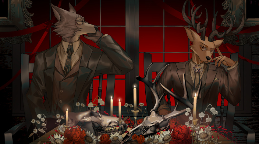 anthro arthurtng beastars bone candle canid canine canis cervid clothing duo flower furniture hi_res legoshi_(beastars) louis_(beastars) male male/male mammal plant skull suit table wolf