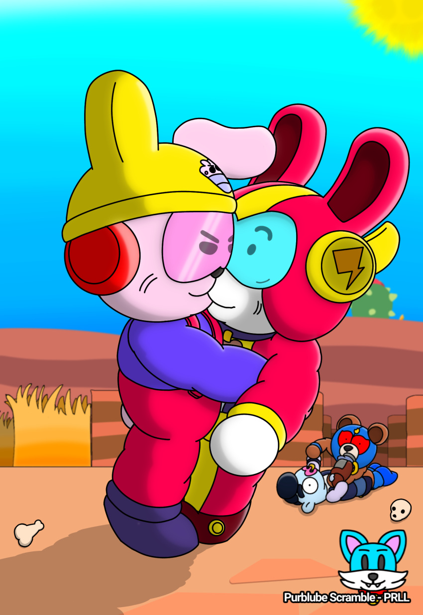 anthro armor blue_body blue_eyewear blue_glasses bone bovid bovine browl_(line_friends) brown_body bull_(brawl_stars) cactus cattle cony_(line_friends) cooky_(bt21) cranium el_primo_(brawl_stars) eyewear female female/female forced forced_kiss glasses grass group gun headgear headphones helmet hi_res jacky_(brawl_stars) kissing lagomorph leporid line_friends looking_at_another male mammal mang_(bt21) mask max_(brawl_stars) pink_eyewear pink_glasses plant purblube_scramble-prll purple_body rabbit ranged_weapon red_body surprised_expression ursid weapon white_body yellow_body