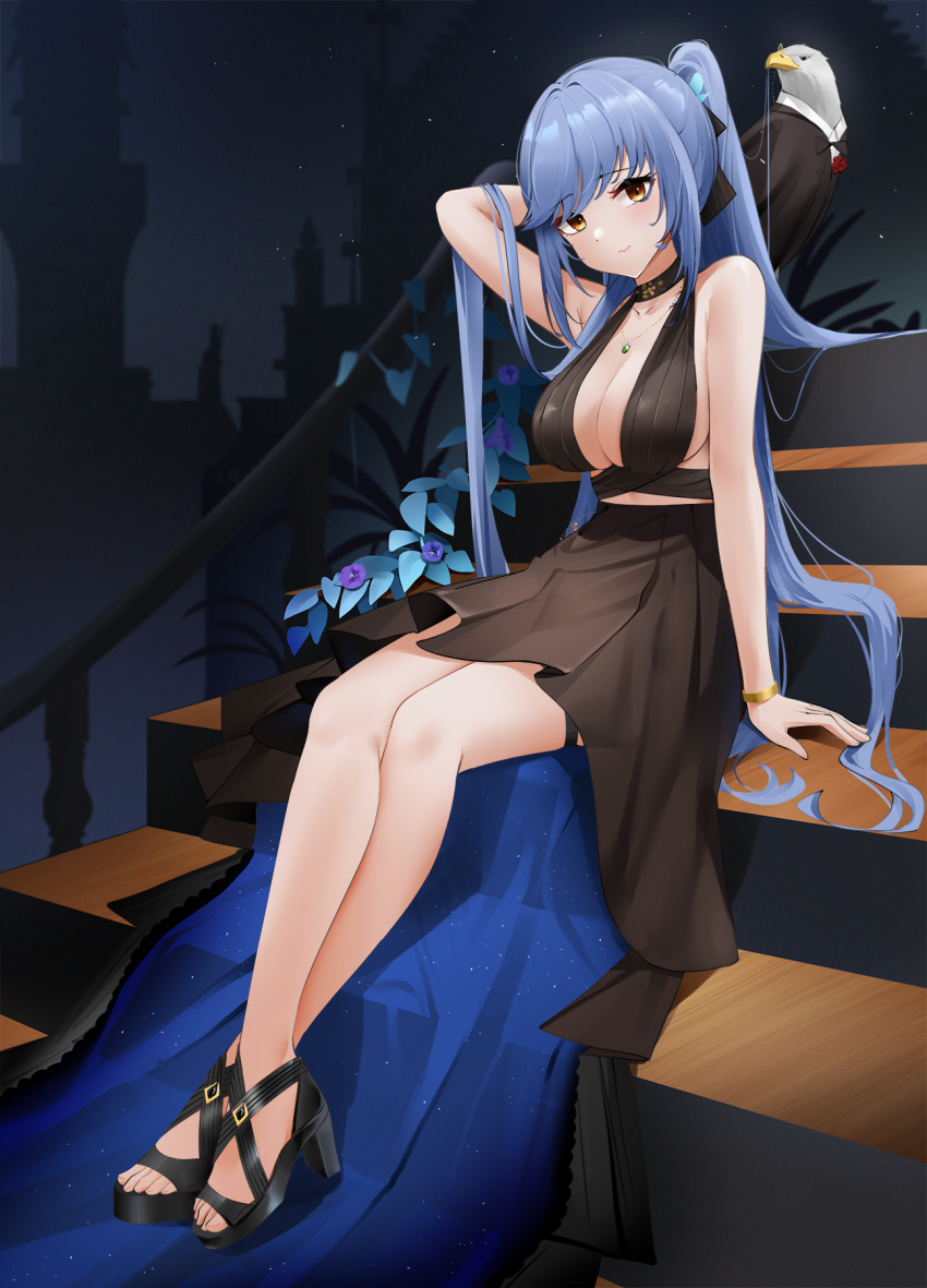1girl arm_behind_back arm_up azur_lane bangle bare_arms bare_shoulders bird black_dress black_footwear black_ribbon blue_hair blush bracelet breasts brown_eyes cleavage closed_mouth crossed_ankles dress essex_(azur_lane) essex_(craft_fairytail)_(azur_lane) evening_gown full_body hair_ribbon halter_dress halterneck high_heels highres jewelry large_breasts legs long_hair looking_at_viewer midriff necklace official_alternate_costume ponytail qing_wu ribbon sitting sitting_on_stairs smile solo stairs thigh_strap thighs toes