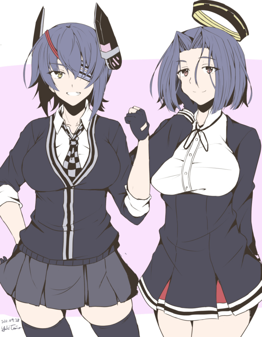 2girls artist_name black_dress black_gloves black_thighhighs breasts checkered_necktie closed_mouth cropped_legs dated dress eyepatch gloves hair_intakes hand_on_hip hand_on_own_neck headgear highres kantai_collection large_breasts looking_at_viewer multiple_girls necktie partially_fingerless_gloves pink_background pleated_skirt purple_hair short_hair skirt sleeves_rolled_up smile taira_yuuki tatsuta_(kancolle) teeth tenryuu_(kancolle) thighhighs two-tone_background white_background yellow_eyes zettai_ryouiki
