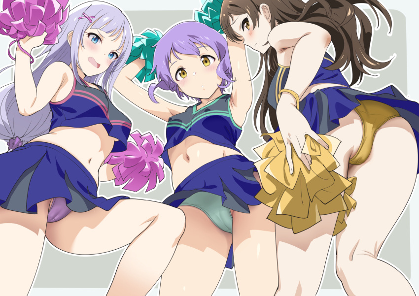 3girls :o andou_shuki aqua_panties armpits arms_up ass bangs blue_eyes blue_hair blue_shirt blue_skirt blush breasts brown_hair cheerleader commentary_request covered_nipples crop_top dot_nose embarrassed expressionless eyelashes from_below grey_background hair_ornament hair_scrunchie hairclip highres holding holding_pom_poms idolmaster idolmaster_million_live! kitazawa_shiho leg_up legs light_blue_hair long_hair looking_at_viewer makabe_mizuki medium_breasts miniskirt multiple_girls navel open_mouth panties pantyshot pink_panties pom_pom_(cheerleading) purple_scrunchie scrunchie shiraishi_tsumugi shirt short_hair sidelocks skirt small_breasts stomach thighs underwear wavy_hair wristband yellow_eyes yellow_panties yellow_wristband