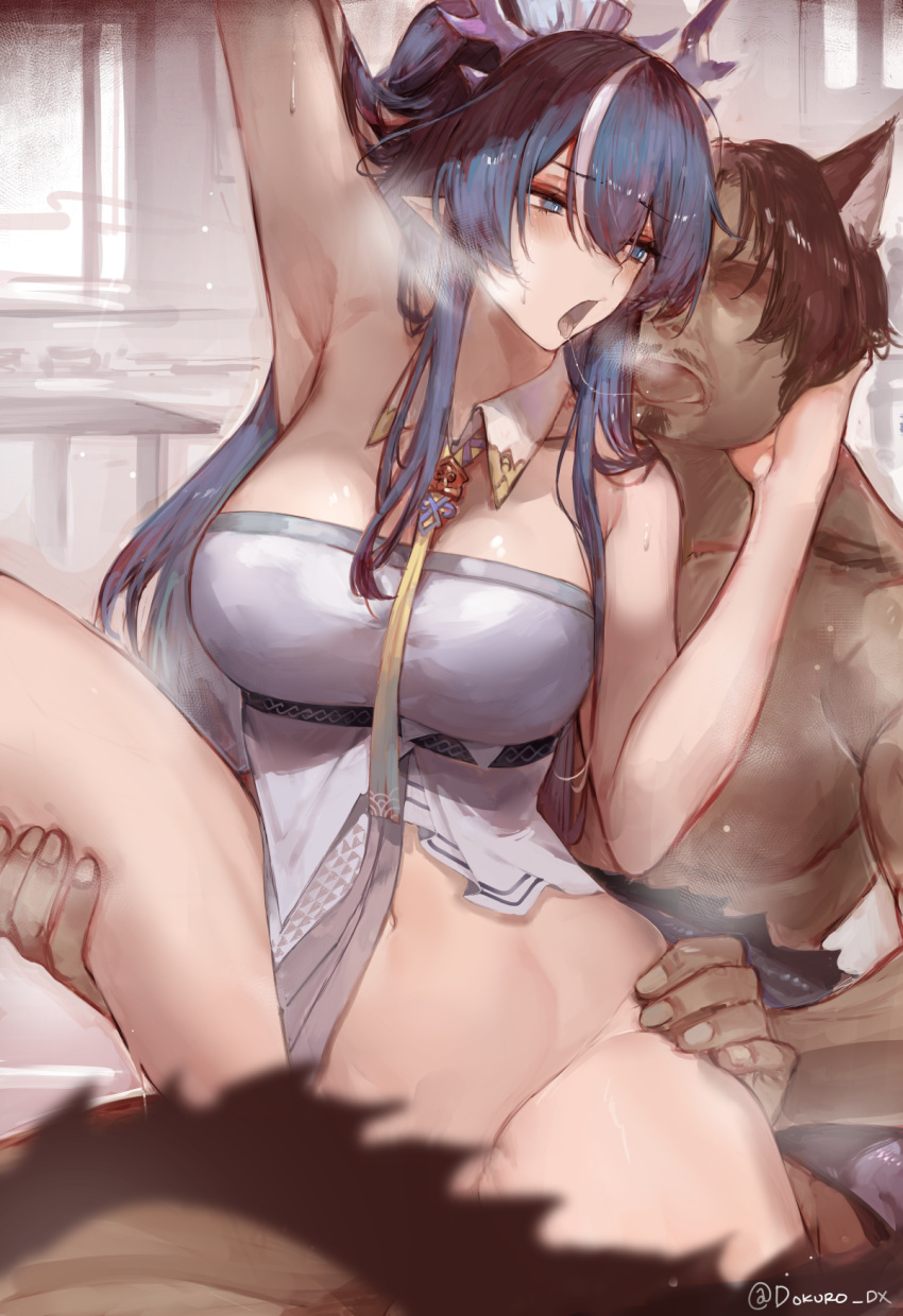 1girl 2boys after_kiss animal_ears arknights armpits arms_up beard black_hair blue_eyes blue_hair blush bottomless breasts cleavage clothed_female_nude_male convenient_censoring detached_collar dokuro_deluxe dragon_girl dragon_horns dragon_tail faceless faceless_male facial_hair girl_on_top grey_shirt hand_on_another's_cheek hand_on_another's_face hetero highres horns large_breasts ling_(arknights) looking_at_another looking_back multicolored_hair multiple_boys navel necktie nude open_mouth reverse_cowgirl_position saliva saliva_trail sex shirt short_hair spread_legs steaming_body straddling strapless strapless_shirt streaked_hair tail thigh_grab tongue tongue_out twitter_username two-tone_hair underbust white_hair yellow_necktie