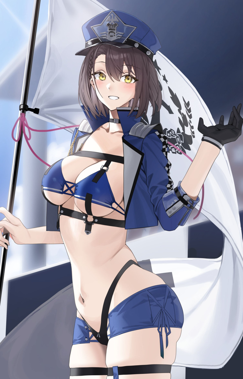 1girl azur_lane baltimore_(azur_lane) baltimore_(finish_line_flagbearer)_(azur_lane) bikini blue_bikini blue_headwear blue_jacket bound braid brown_hair cowboy_shot cropped_jacket flag french_braid gloves hat highleg highleg_bikini highres holding holding_flag holding_pole jacket micro_shorts mismatched_bikini navel official_alternate_costume peaked_cap pole police_hat race_queen raitho short_hair shorts single_glove swimsuit thigh_strap yellow_eyes