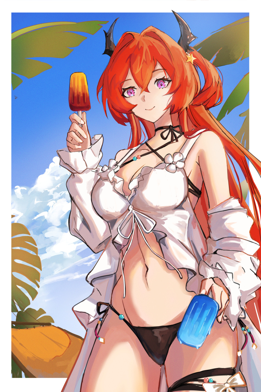 1girl absurdres arknights bangs bare_shoulders bikini black_bikini blue_sky breasts cleavage closed_mouth cowboy_shot criss-cross_halter day detached_sleeves food hair_intakes hair_ornament halterneck highres holding holding_food horns long_hair long_sleeves looking_at_viewer navel one_side_up outdoors photoshop_(medium) popsicle purple_eyes red_hair saltyz sky smile solo star_(symbol) star_hair_ornament stomach surtr_(arknights) surtr_(colorful_wonderland)_(arknights) swimsuit swimsuit_cover-up thigh_strap very_long_hair