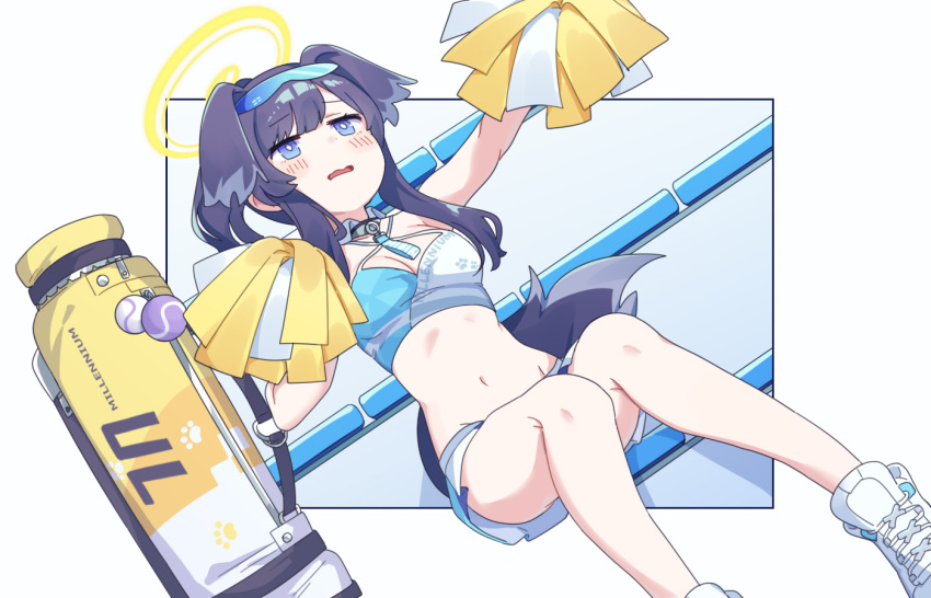 1girl animal_ears bag ball bangs black_hair blue_archive blue_eyes blush breasts cheerleader cleavage crop_top dog_ears dog_girl dog_tail goggles goggles_on_head halo hibiki_(blue_archive) hibiki_(cheerleader)_(blue_archive) holding holding_pom_poms long_hair marudeningen medium_breasts parted_lips pom_pom_(cheerleading) ponytail shoes sitting sneakers solo tail tennis_ball white_footwear