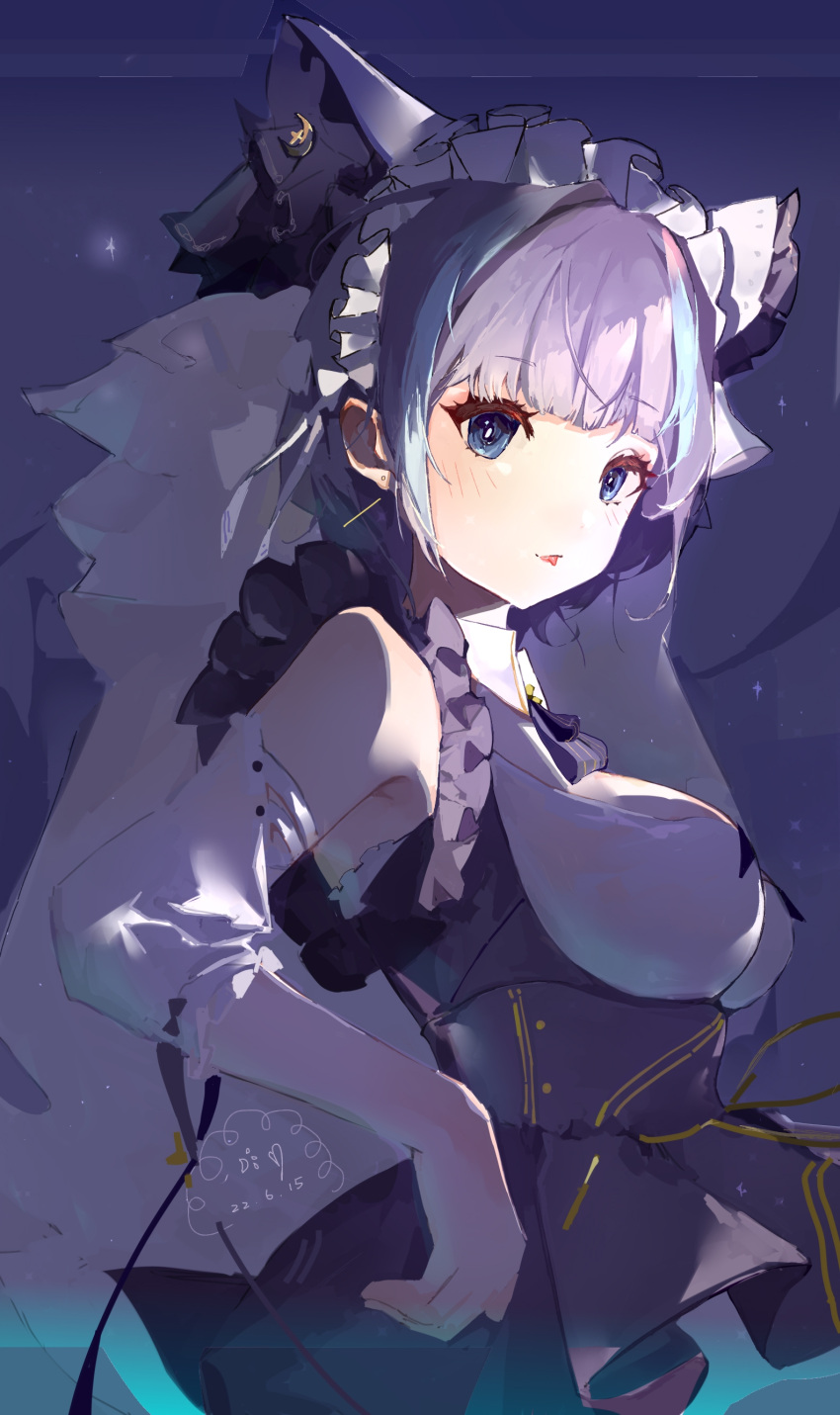 1girl absurdres animal_ears aqua_hair azur_lane breasts cheshire_(azur_lane) dated detached_sleeves dithyo fake_animal_ears framed_breasts frilled_hairband frills from_side hairband highres long_hair long_ribbon medium_breasts multicolored_hair puffy_detached_sleeves puffy_sleeves purple_apron purple_eyes purple_hair solo streaked_hair two-tone_hair