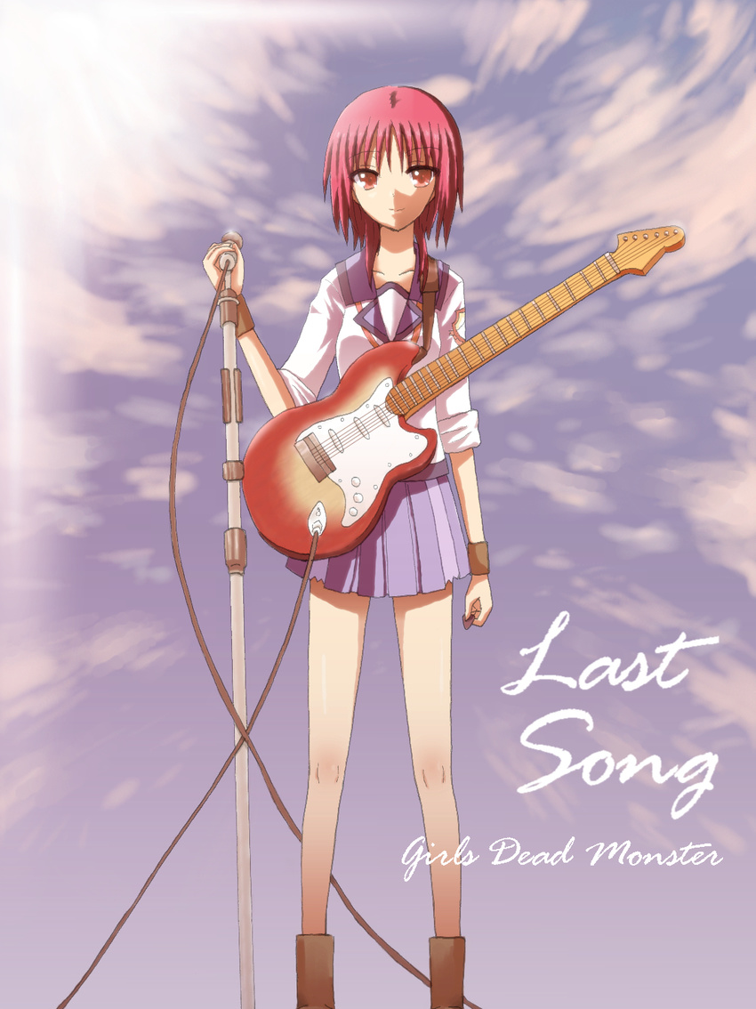 angel_beats! electric_guitar guitar highres instrument iwasawa microphone microphone_stand nakamura_hinato pink_hair red_hair school_uniform serafuku short_hair sleeves_rolled_up solo