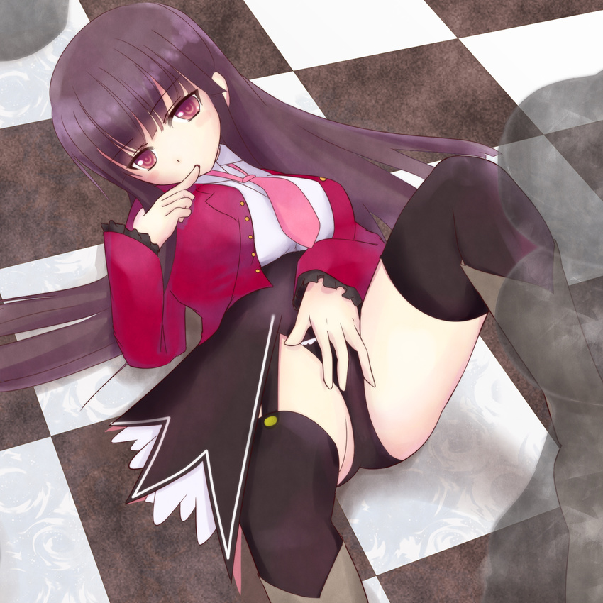 bad_id bad_pixiv_id black_hair black_legwear boots breasts checkered checkered_floor finger_to_mouth highres kirifrog large_breasts long_hair lucifer lying necktie on_back perspective pink_neckwear red_eyes solo stakes_of_purgatory thighhighs umineko_no_naku_koro_ni