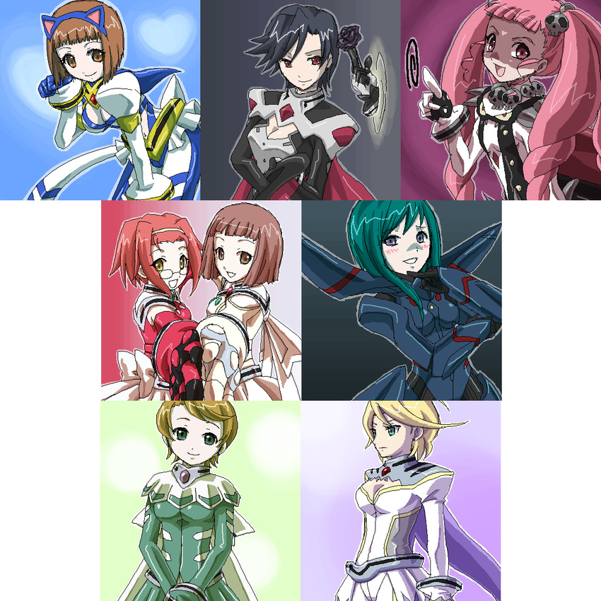 akane_soir animal_ears armor blonde_hair breasts brown_hair cat_ears catgirl gradient gradient_background highres magical_girl mai_otome maria_graceburt multiple_girls my-otome red_hair shiho_huit tomoe_marguerite twintails yuizawa yukariko_steinberg