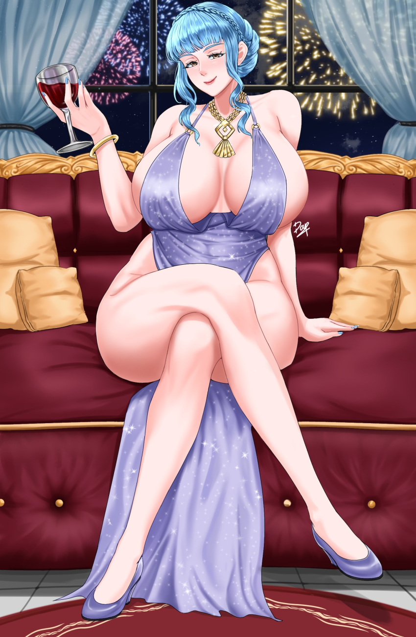 1girl aerial_fireworks alcohol alternate_costume bare_arms bare_legs bare_shoulders blue_nails blunt_bangs bracelet braid breasts cleavage closed_mouth cocktail_dress collarbone couch crossed_legs crown_braid cup curtains curvy cushion dapx dress drinking_glass english_commentary fire_emblem fire_emblem:_three_houses fireworks full_body hair_bun half-closed_eyes hand_up high_heels highres holding holding_cup huge_breasts indoors jewelry lipstick long_hair looking_at_viewer makeup marianne_von_edmund nail_polish necklace night on_couch pendant plunging_neckline purple_dress red_lips red_wine short_hair sideboob sidelocks sitting sleeveless sleeveless_dress smile solo thick_thighs thighs window wine wine_glass yellow_eyes