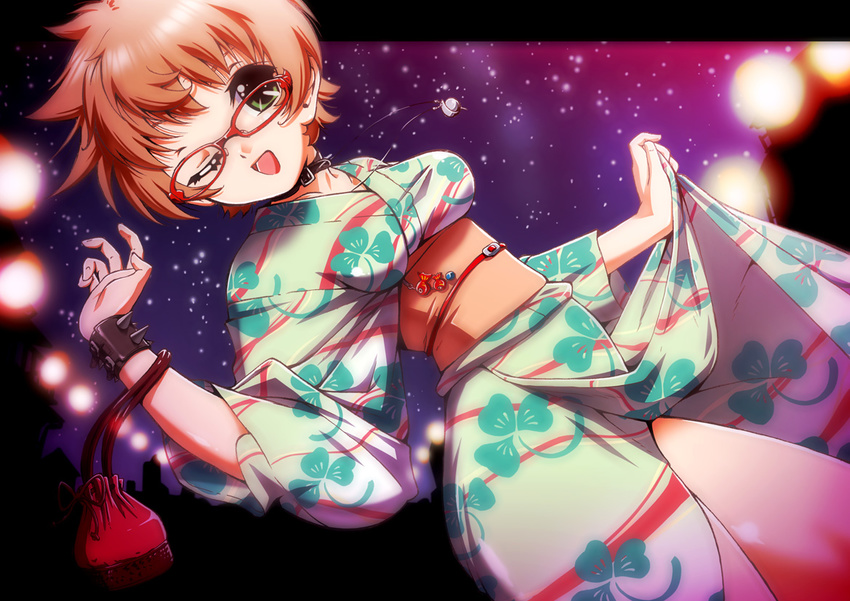 aida_kan_mori brown_hair glasses green_eyes japanese_clothes kimono original short_hair solo