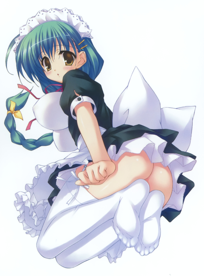 1girl ass blush breasts female full_body green_hair highres ladies_versus_butlers! legs long_hair maid miniskirt scan shikikagami_sanae simple_background skirt solo thighs white_background