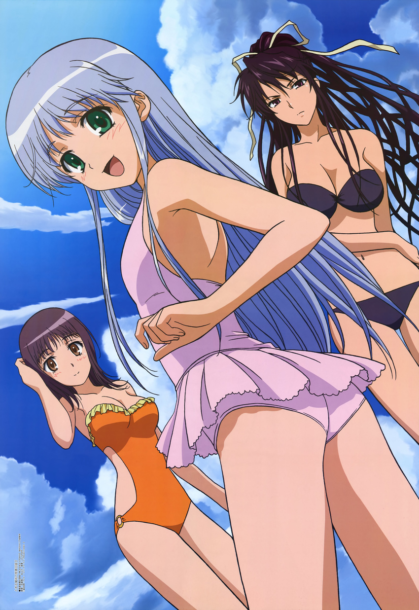 :d absurdres adjusting_hair age_difference angry armpits ass back bandeau bangs bikini blue_hair blush breasts brown_eyes casual_one-piece_swimsuit cleavage cloud day dutch_angle flat_chest frilled_swimsuit frills frown green_eyes hair_between_eyes hair_over_breasts hair_ribbon hand_on_head highres index ishikura_keiichi itsuwa kanzaki_kaori large_breasts light_smile long_hair looking_at_viewer looking_back megami multiple_girls navel o-ring o-ring_bottom o-ring_swimsuit official_art one-piece_swimsuit open_mouth outdoors ponytail profile purple_eyes purple_hair ribbon scan short_hair side_cutout sidelocks sky smile standing swimsuit thigh_gap to_aru_majutsu_no_index