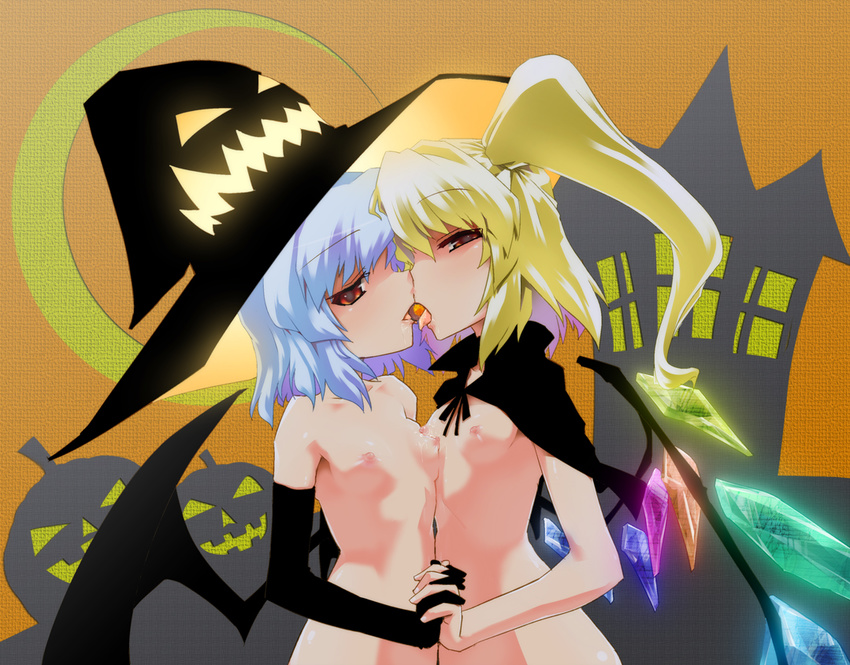 bad_anatomy bad_id bad_pixiv_id bat_wings blonde_hair blue_hair breasts cape elbow_gloves flandre_scarlet gloves halloween hat holding_hands incest interlocked_fingers isada_(daisa) jack-o'-lantern multiple_girls naked_cape nipples nude ponytail pumpkin red_eyes remilia_scarlet short_hair siblings side_ponytail sisters small_breasts touhou wings witch_hat yuri