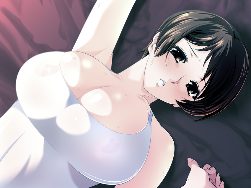 akai_migiwa aoi_nagisa_(artist) artist_request blush breasts brown_eyes brown_hair cleavage clothed curvy highres huge_breasts laying_down looking_up lying nipples see-through short_hair super_real_mahjong sweat tight tight_clothes toyohara_etsuko