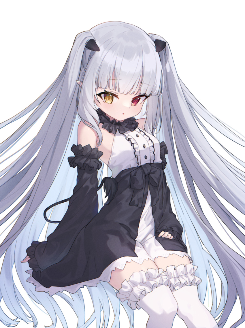 1girl absurdly_long_hair black_dress black_sleeves chloe_lilith_stella demon_girl demon_horns demon_tail detached_sleeves dress grey_hair heterochromia highres horns kiss_kiss_drain long_hair mosou_keito pointy_ears red_eyes sitting solo tail thighhighs two-tone_dress two_side_up very_long_hair white_dress white_thighhighs yellow_eyes zettai_ryouiki