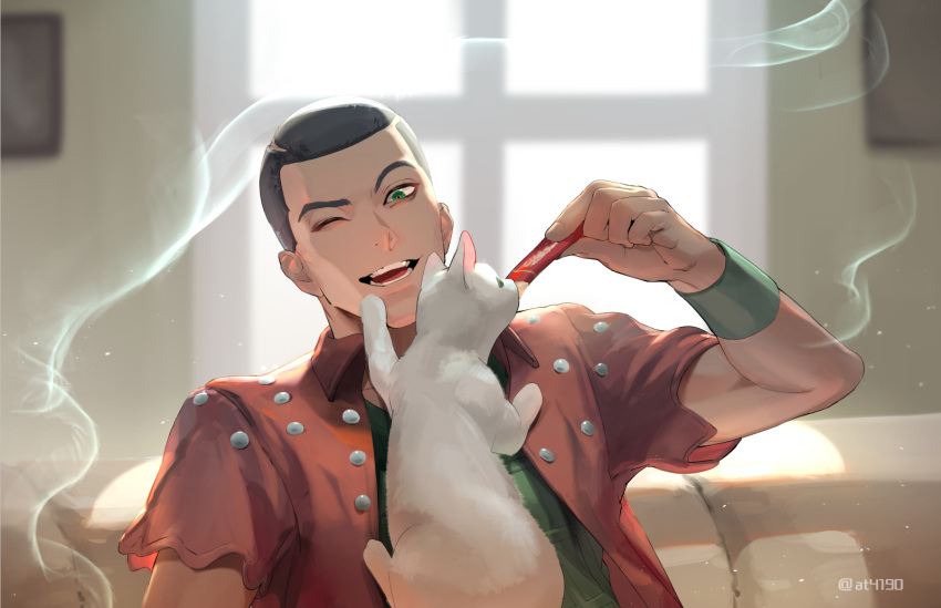 1boy :d animal at4190_(user_vzac7788) buzz_cut cat couch food formaggio green_eyes grey_hair highres holding holding_animal holding_food indoors jacket jojo_no_kimyou_na_bouken looking_at_animal one_eye_closed open_mouth orange_jacket short_hair short_sleeves sitting smile solo vento_aureo very_short_hair window