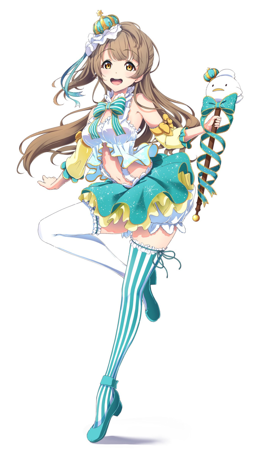 1girl :d amagi_(volfuji) ankle_strap aqua_bow aqua_footwear aqua_headwear aqua_skirt aqua_thighhighs asymmetrical_legwear bow breasts commentary crown detached_sleeves full_body highres holding holding_scepter knee_up legwear_garter light_brown_hair long_hair love_live! love_live!_school_idol_festival love_live!_school_idol_project medium_breasts minami_kotori minami_kotori_(bird) miniskirt mismatched_legwear navel official_alternate_costume scepter simple_background skirt smile solo standing standing_on_one_leg striped striped_bow striped_thighhighs tareme thighhighs vertical-striped_thighhighs vertical_stripes white_background white_thighhighs yellow_eyes