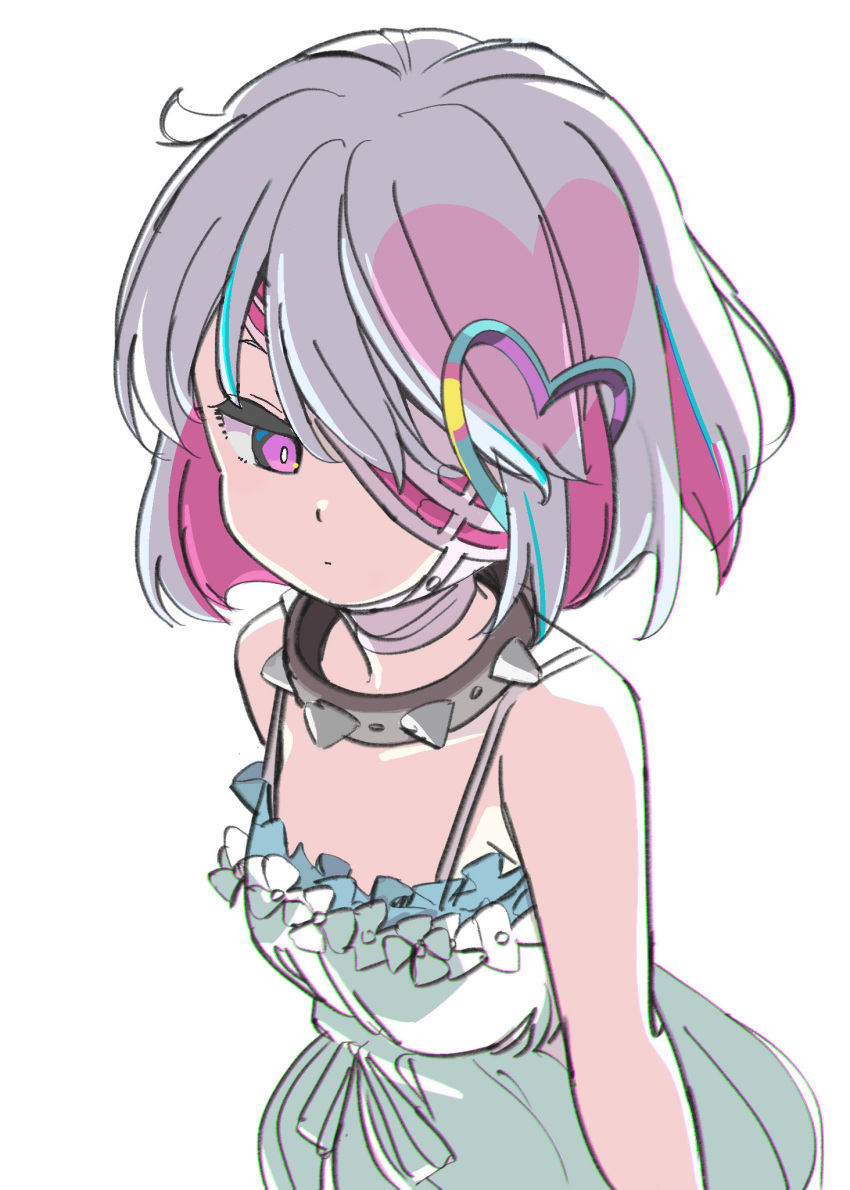 1girl bandaged_neck bandages bare_shoulders collar colored_inner_hair dohna_dohna_issho_ni_warui_koto_o_shiyou dress expressionless eyepatch grey_hair hair_ornament heart heart_hair_ornament highres multicolored_hair nnn-ollll pink_eyes pink_hair porno_(dohna_dohna) short_hair simple_background sketch sleeveless sleeveless_dress solo spiked_collar spikes upper_body white_background white_dress