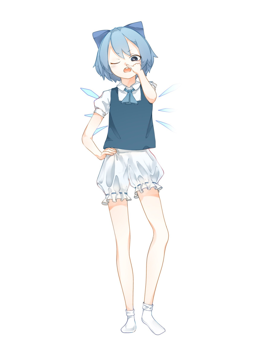 1girl bloomers blue_bow blue_hair bow cirno contrapposto hand_on_hip highres hito_komoru ice ice_wings nose_picking one_eye_closed open_mouth round_teeth socks solo standing teeth touhou underwear wings