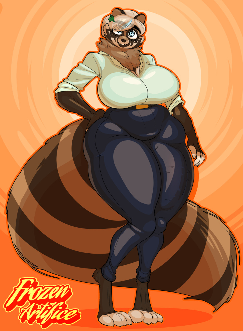 absurd_res animal_humanoid anthro belly big_belly big_breasts big_butt big_eyes big_penis biped bottomwear breasts brown_body brown_fur brown_hair bulge bulging_breasts butt canid canid_humanoid canine canine_humanoid cleavage cleavage_overflow clothed clothing curvy_figure digital_media_(artwork) eyebrows female frozenartifice fur genitals hair hi_res huge_breasts huge_butt huge_hips huge_penis huge_thighs humanoid humanoid_genitalia humanoid_penis inner_ear_fluff looking_at_viewer mammal mammal_humanoid mature_anthro mature_female nipples overweight penis pixie_cut raccoon_dog shirt short_hair simple_background smile tanuki tanuki_humanoid thick_eyebrows thick_thighs tight_bottomwear tight_clothing tight_shirt tight_topwear topwear tuft wide_hips