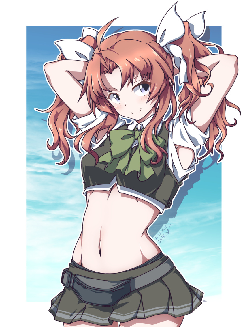 1girl 547th_sy adapted_costume alternate_costume belt_bag brown_hair commentary_request cowboy_shot crop_top green_ribbon grey_shirt grey_skirt hair_ribbon highres kagerou_(kancolle) kagerou_kai_ni_(kancolle) kantai_collection looking_at_viewer midriff pleated_skirt purple_eyes race_queen ribbon shirt skirt smile solo standing twintails white_ribbon