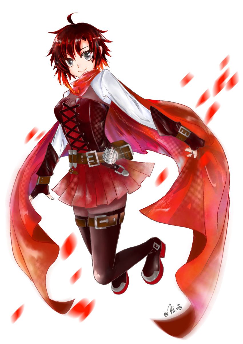 1girl absurdres ahoge black_footwear black_gloves boots brown_hair bustier cape closed_mouth fingerless_gloves gloves grey_eyes highres howhow2021 looking_at_viewer miniskirt multicolored_hair pleated_skirt red_cape red_hair red_skirt ruby_rose rwby shiny shiny_hair shirt simple_background skirt smile solo thigh_boots white_background white_shirt