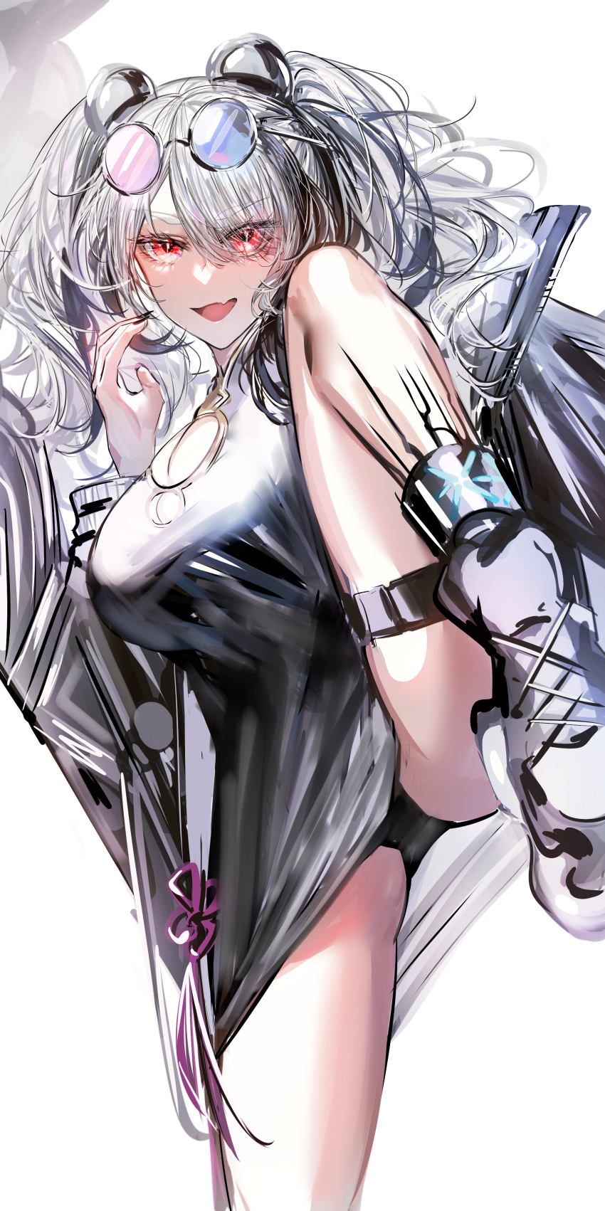 1girl :d absurdres akqne animal_ears arknights bear_ears black_dress black_hair black_jacket black_panties breasts chinese_clothes cleavage cleavage_cutout clothing_cutout dress eyes_visible_through_hair eyewear_on_head feater_(arknights) fighting_stance glasses grey_hair hair_over_one_eye highres jacket large_breasts leg_up long_hair long_sleeves looking_at_viewer multicolored_hair open_clothes open_jacket open_mouth oripathy_lesion_(arknights) panties red_eyes shoes short_dress simple_background smile sneakers standing standing_on_one_leg streaked_hair thigh_strap twintails underwear upskirt white_background white_footwear