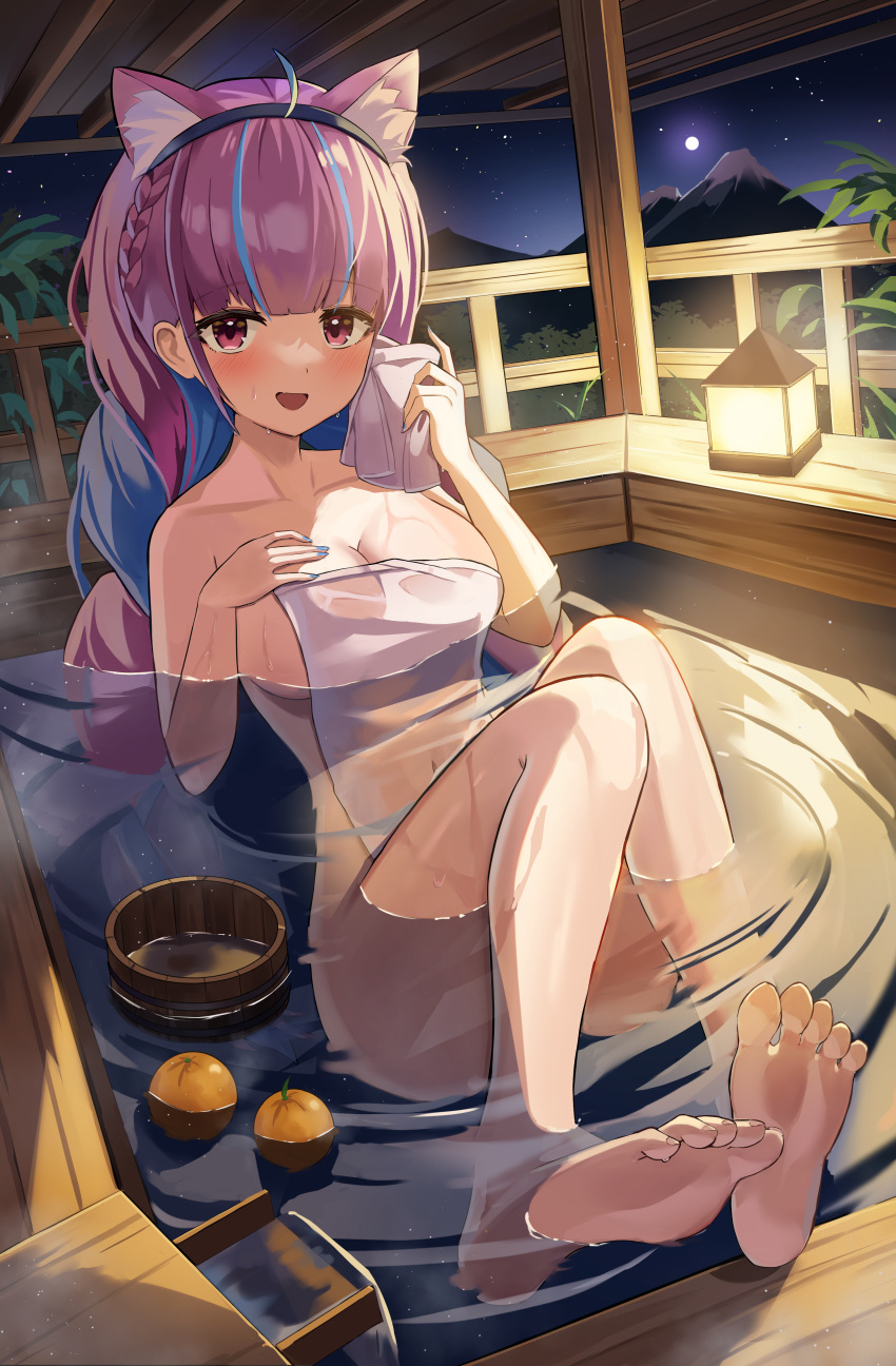 1girl :d absurdres ahoge animal_ear_fluff animal_ears bangs bathing blue_hair blue_hairband blue_nails blunt_bangs blush braid breasts bucket cat_ears cat_girl cleavage collarbone colored_inner_hair covered_navel covering fang feet food fruit hairband hand_on_own_chest highres hololive iv_(iv70311741) large_breasts legs looking_at_viewer mandarin_orange minato_aqua mountainous_horizon multicolored_hair night nude_cover onsen open_mouth partially_submerged purple_eyes purple_hair see-through skin_fang smile solo steam streaked_hair two-tone_hair virtual_youtuber water wet wooden_bathtub wooden_bucket