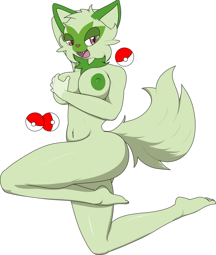 absurd_res anthro breasts female generation_9_pokemon green_body hand_on_breast hi_res looking_at_viewer navel nintendo nude open_mouth pokeball pokemon pokemon_(species) pokemorph simple_background solo sprigatito video_games wallyroo white_background