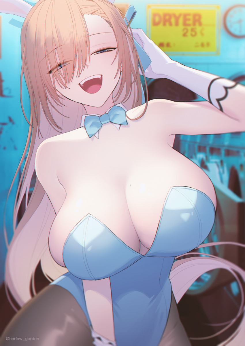 1girl animal_ears asuna_(blue_archive) asuna_(bunny)_(blue_archive) asymmetrical_hair blue_archive blue_leotard blush breasts cleavage collarbone detached_collar elbow_gloves gloves harlow_garden highres indoors large_breasts leotard light_brown_hair long_hair looking_at_viewer mole mole_on_breast open_mouth pantyhose rabbit_ears solo very_long_hair