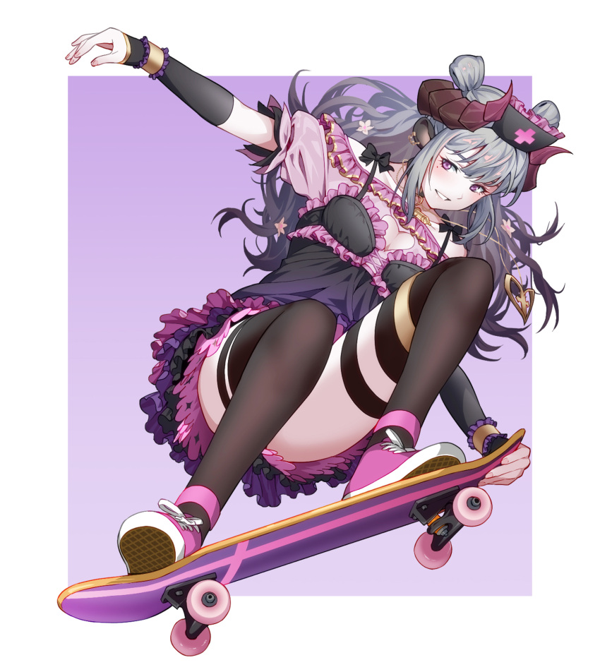 1girl chikafuji_lisa cleavage_cutout clothing_cutout commentary_request demon_horns detached_sleeves dress frilled_dress frills grey_hair hat highres horns long_hair nurse_cap pink_eyes shoes skateboard skateboarding sneakers solo suzushiro_(suzushiro333) thighhighs tsunderia