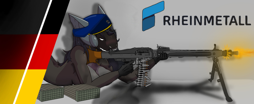 absurd_res anonymous_artist anthro beret box breasts bullet callisto clothing container female german gun hat headgear headwear hi_res hybrid ranged_weapon solo visor weapon
