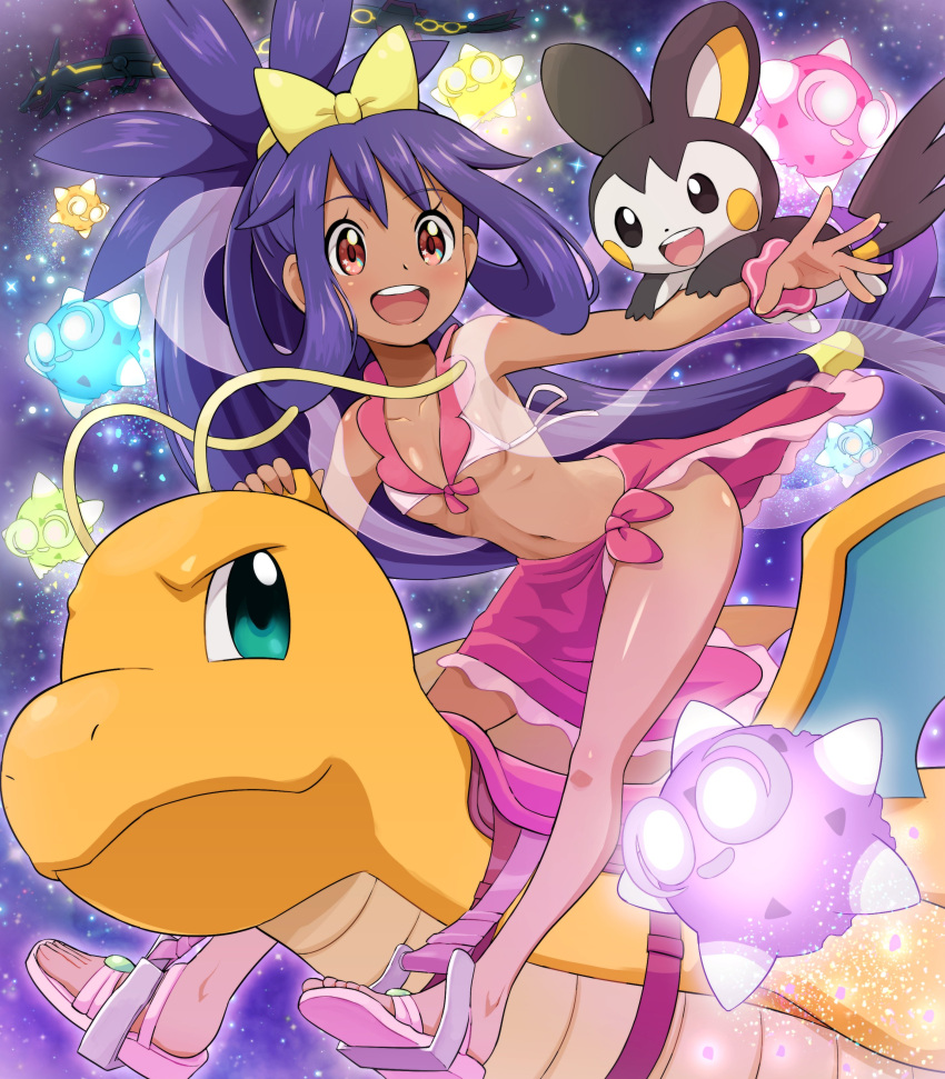 1girl :d absurdres adapted_costume bangs breasts brown_eyes collarbone commentary_request dragonite emolga eyelashes highres iris_(pokemon) long_hair minior navel open_mouth outstretched_arm pink_footwear pokemoa pokemon pokemon_(creature) pokemon_(game) pokemon_bw2 purple_hair rayquaza riding riding_pokemon sandals sarong scrunchie shiny shiny_skin smile teeth toes tongue upper_teeth wrist_scrunchie