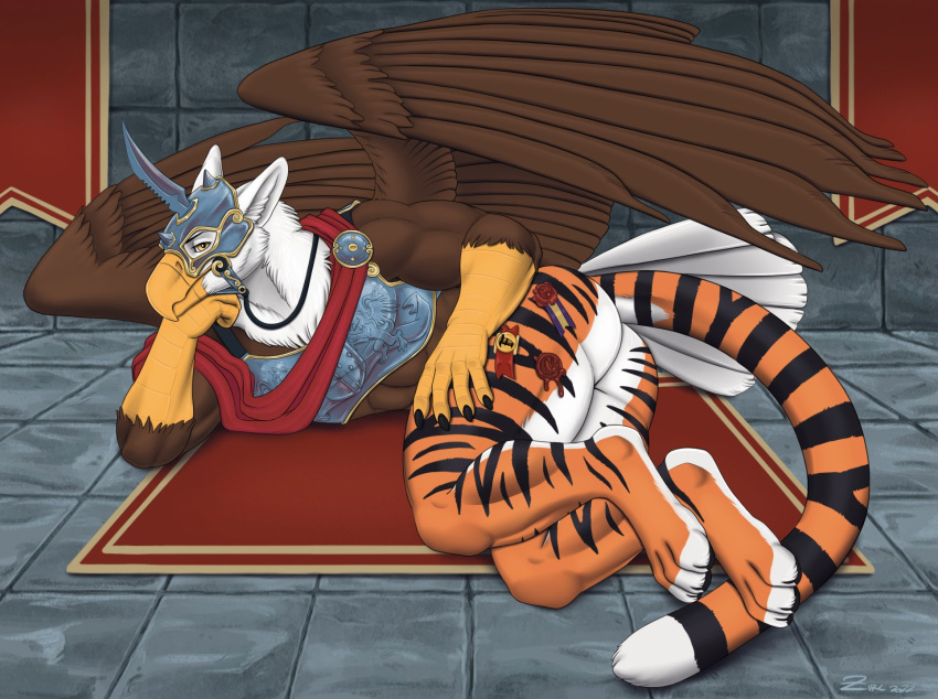 2022 abs anthro armor artist_name avian beak biceps big_butt butt carpet deathclaw_(warhammer_fantasy) duo feathered_wings feathers feral floor fur gryphon headgear helmet hi_res looking_at_viewer lying male muscular muscular_thighs mythological_avian mythology nude on_side paws pose presenting presenting_hindquarters serratus solo striped_body striped_fur stripes total_war:_warhammer triceps warhammer_(franchise) warhammer_fantasy wings yellow_eyes zirc