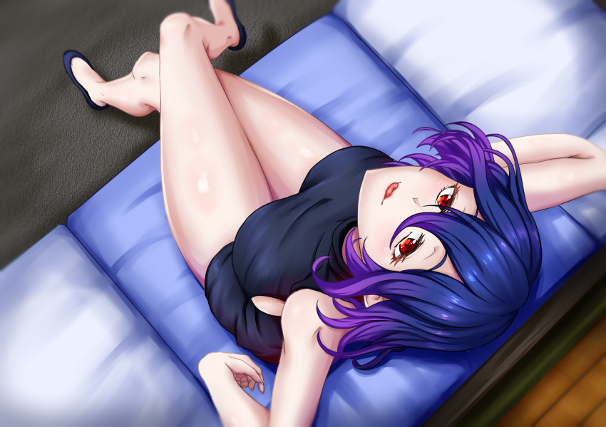 1girl blue_footwear blue_hair breasts couch crossed_legs dress from_above highres kinsou_no_vermeil large_breasts looking_at_viewer looking_up medium_hair multicolored_hair purple_hair red_eyes shiny shiny_skin sitting sleeveless sleeveless_sweater sleeveless_turtleneck sleeveless_turtleneck_dress solo sweater tongue tongue_out turtleneck turtleneck_dress turtleneck_sweater two-tone_hair user_yuaz3274 vermeil_(kinsou_no_vermeil)