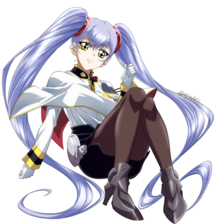 1girl bangs black_pantyhose black_skirt blue_hair capelet closed_mouth floating_hair full_body gloves grey_footwear hair_between_eyes highres hoshino_ruri kidou_senkan_nadesico long_hair looking_at_viewer miniskirt miyabi_mt-b pantyhose pencil_skirt shiny shiny_hair shirt side_slit simple_background sketch skirt solo twintails twitter_username very_long_hair white_background white_capelet white_gloves white_shirt yellow_eyes