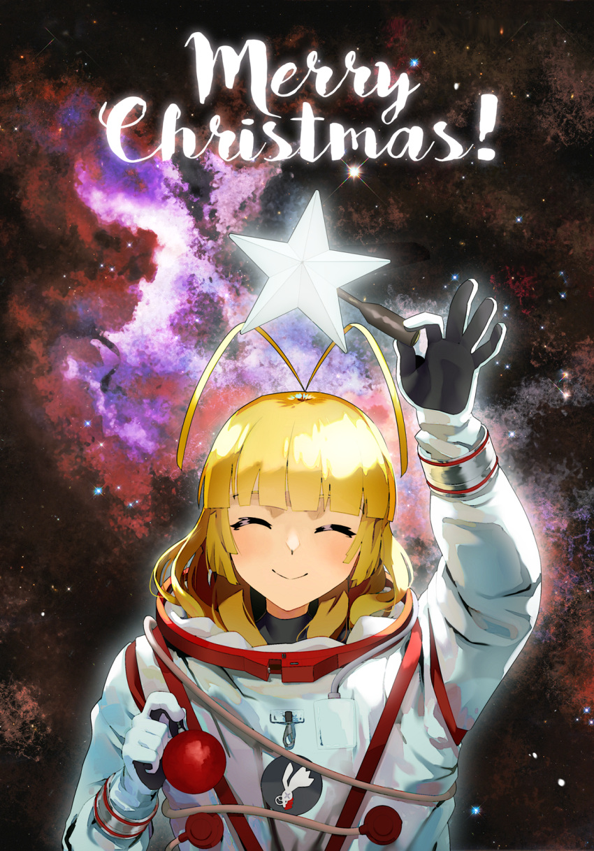 1girl antenna_hair bangs blonde_hair blunt_bangs blush christmas_ornaments closed_eyes closed_mouth facing_viewer frederika_(hitsugi_no_chaika) highres hitsugi_no_chaika holding merry_christmas smile solo space spacesuit upper_body viroa