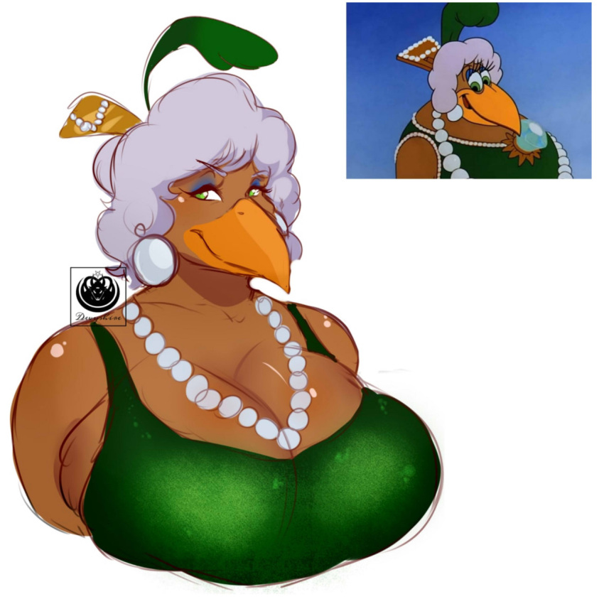 age_difference anthro avian beak big_breasts bird breasts devyshirehell ear_piercing ear_ring eyeshadow female flapper gem gorgeous_gal_(woody_woodpecker) grey_hair hair hi_res huge_breasts jewelry makeup necklace older_female pearl_(gem) picid piercing ring_piercing solo woodpecker