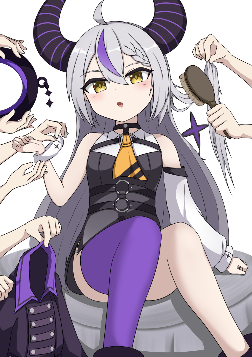 1girl 6+others :o absurdres ahoge bare_shoulders black_dress black_jacket blush brown_eyes commentary demon_horns detached_sleeves dress fang feet_out_of_frame grey_hair hair_brush highres holding holding_brush hololive horns jacket jacket_removed la+_darknesss long_hair long_sleeves multicolored_hair multiple_others open_mouth puffy_long_sleeves puffy_sleeves purple_hair purple_thighhighs sato_art simple_background single_detached_sleeve sleeveless sleeveless_dress solo_focus streaked_hair thighhighs very_long_hair virtual_youtuber white_background white_sleeves