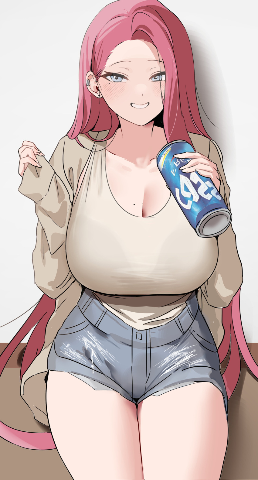 1girl absurdres beer_can blue_eyes breasts can character_request copyright_request ear_piercing highres large_breasts long_hair mole mole_on_breast mole_under_eye oh_(aung_ae) piercing pink_hair shorts smile solo