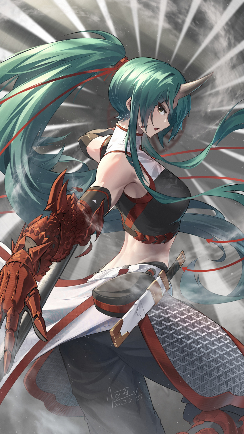 1girl absurdres alternate_costume arknights bare_shoulders black_pants breasts crop_top dated facial_mark from_behind gauntlets green_eyes green_hair hengxing_v highres horns hoshiguma_(arknights) large_breasts long_hair looking_at_viewer looking_back open_mouth outstretched_arms pants ponytail pouch sheath sheathed signature single_horn skin-covered_horns sleeveless solo sword twisted_torso v-shaped_eyebrows very_long_hair weapon