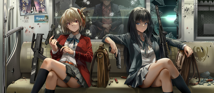 1boy 2girls ammunition belt black_hair blonde_hair blue_ribbon bob_cut collared_shirt green_ribbon grey_skirt gun hair_ribbon handgun highres holding holding_gun holding_weapon inoue_takina long_hair lycoris_recoil majima_(lycoris_recoil) miniskirt multiple_girls neck_ribbon neko_(yanshoujie) nishikigi_chisato pleated_skirt purple_eyes red_belt red_eyes red_ribbon ribbon shirt short_hair sitting skirt thigh_strap train_interior weapon white_shirt