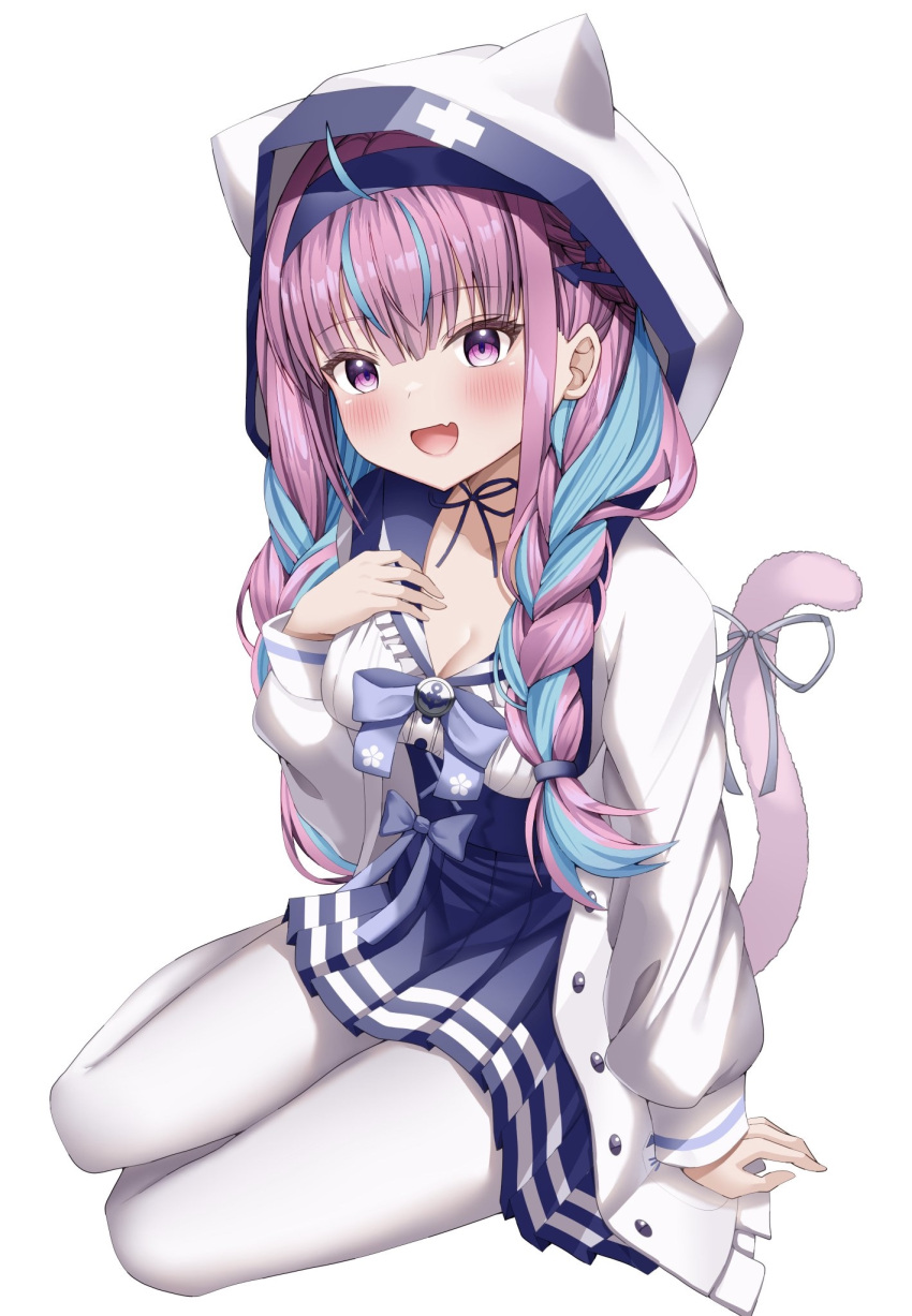 1girl :d ahoge anchor_hair_ornament anchor_symbol bangs blue_bow blue_hair blue_hairband blue_ribbon blue_skirt blush bow braid breasts cat_tail cleavage collarbone colored_inner_hair fang hair_ornament hairband hand_on_own_chest high-waist_skirt highres hololive hood hood_up jacket koba_(kobako42) large_breasts long_hair long_sleeves looking_at_viewer minato_aqua multicolored_hair neck_ribbon open_clothes open_jacket open_mouth pantyhose pink_hair pleated_skirt purple_eyes ribbon sidelocks sitting skin_fang skirt smile solo streaked_hair tail tail_ornament tail_ribbon twin_braids two-tone_hair virtual_youtuber white_background white_jacket white_pantyhose yokozuwari